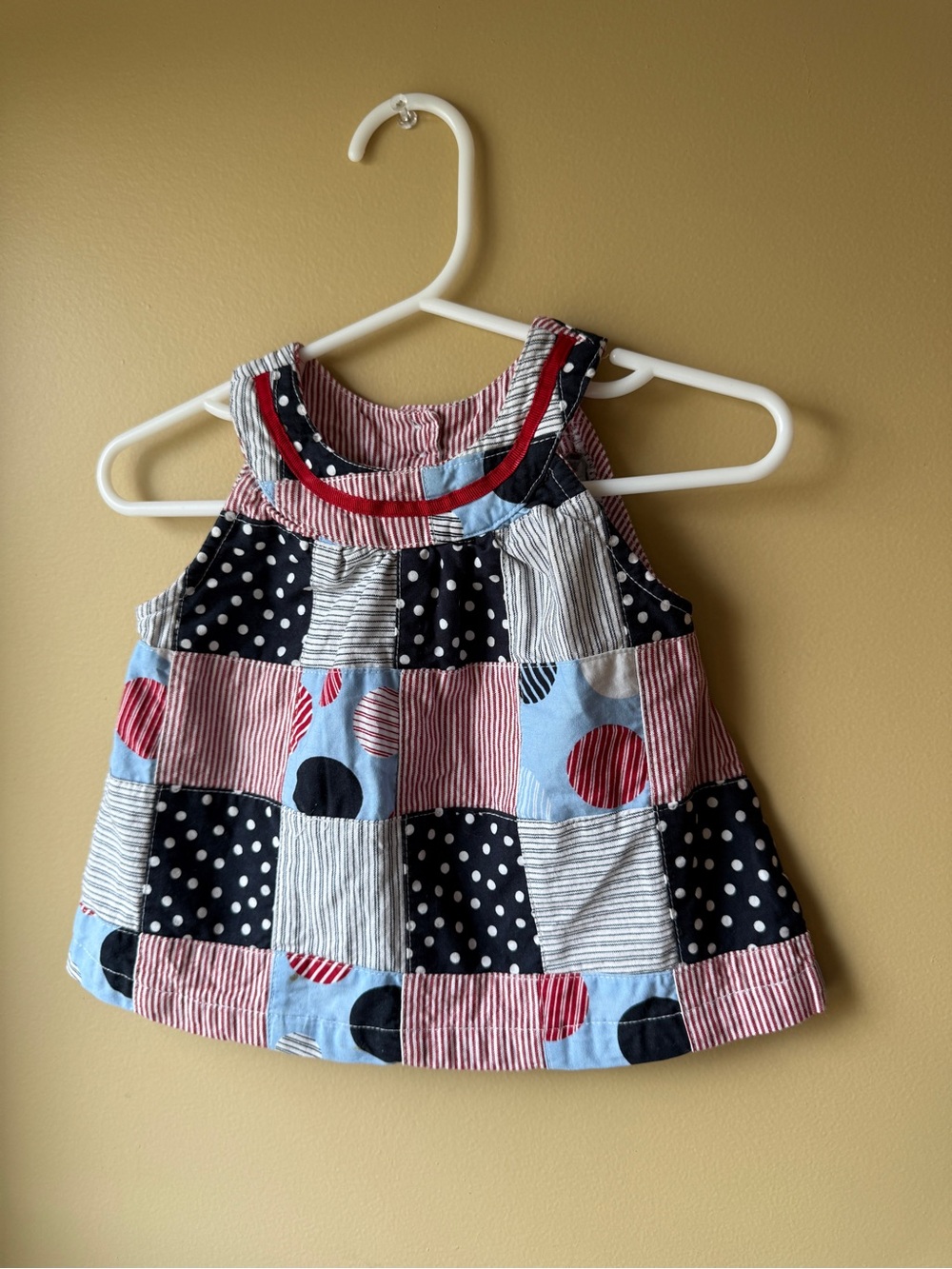 Patchwork Polka Dot Baby Dress in Navy, Red & Light Blue 12 months